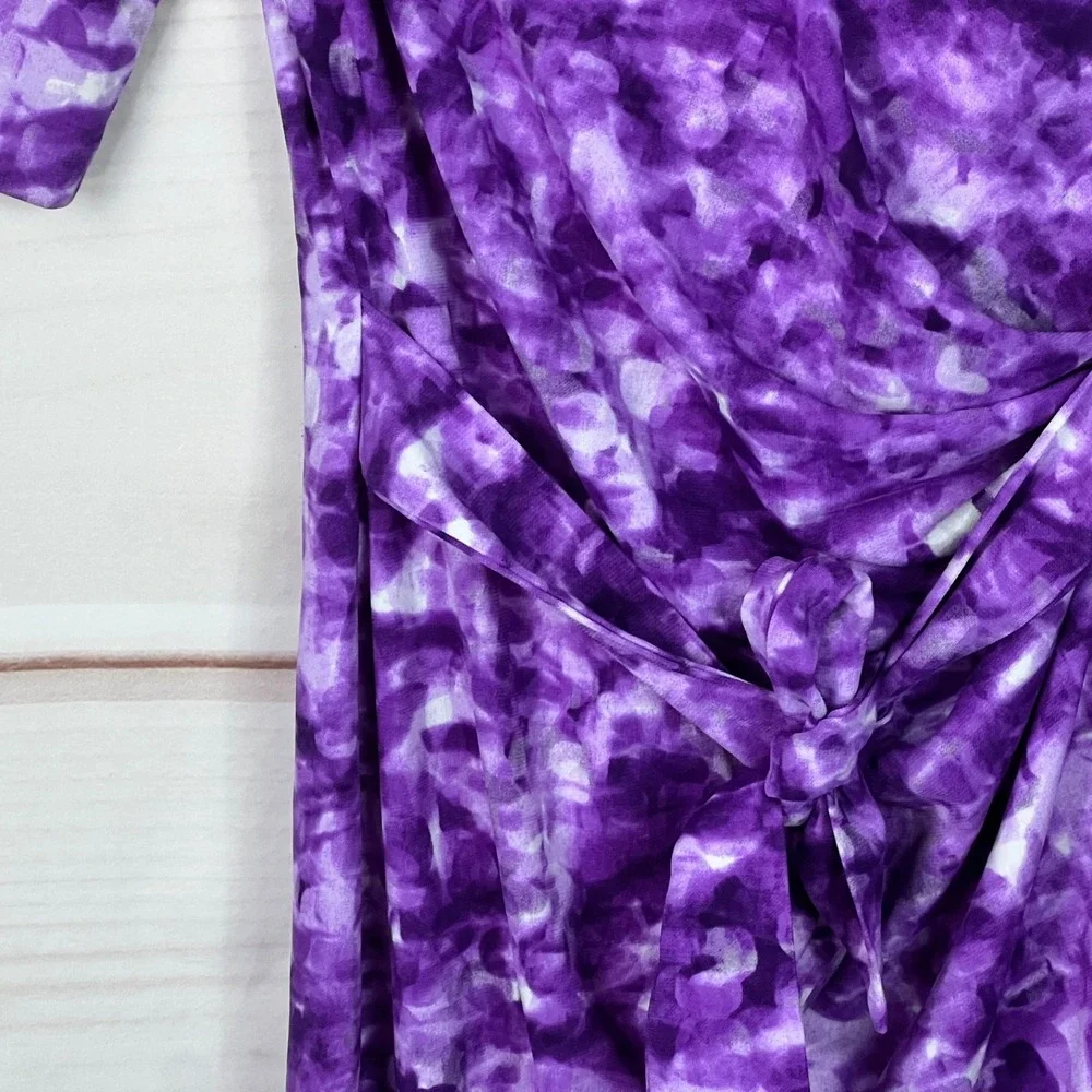 NYDJ Dress‎ Womens 0 Purple Print Shift V-Neck Short Sleeve Tie Waist Lined